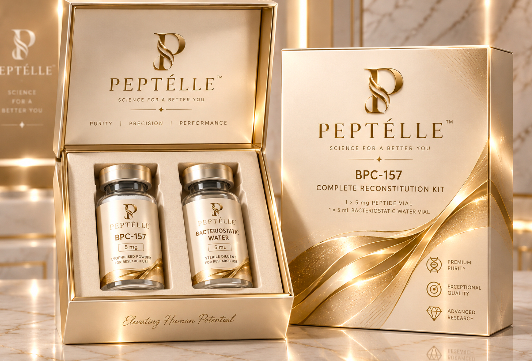 Official PEPTÉLLE champagne-gold two-vial presentation box